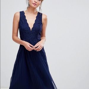 NWT ASOS Lace Top Mesh Pleated Mini Dress in Navy